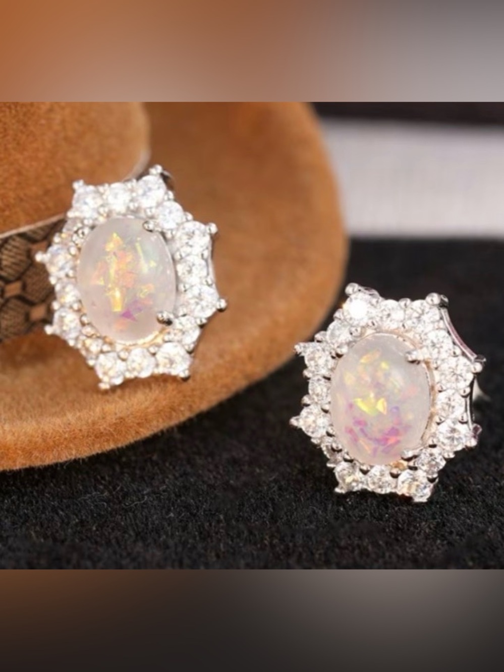 Opal Halo Stud Earrings in Iridescent White